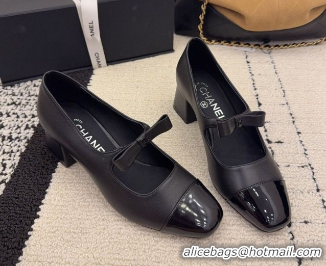 Buy Discount Chanel Lambskin and Patent Leather Mary Janes Pumps 5cm with Bow Black 2025 CH110302 1103101