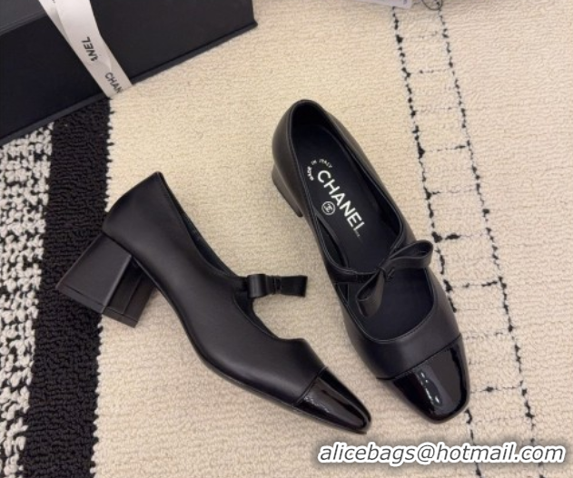 Buy Discount Chanel Lambskin and Patent Leather Mary Janes Pumps 5cm with Bow Black 2025 CH110302 1103101