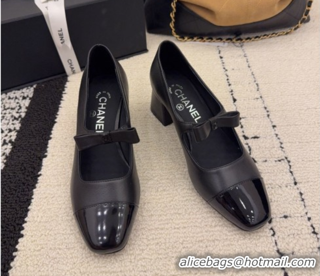 Buy Discount Chanel Lambskin and Patent Leather Mary Janes Pumps 5cm with Bow Black 2025 CH110302 1103101