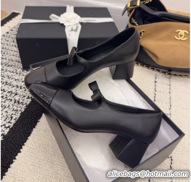 Buy Discount Chanel Lambskin and Patent Leather Mary Janes Pumps 5cm with Bow Black 2025 CH110302 1103101