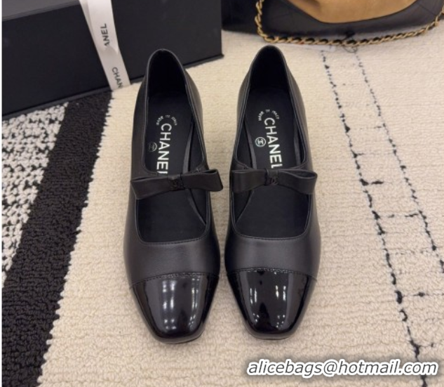 Buy Discount Chanel Lambskin and Patent Leather Mary Janes Pumps 5cm with Bow Black 2025 CH110302 1103101
