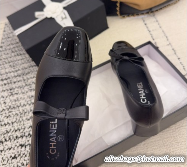 Buy Discount Chanel Lambskin and Patent Leather Mary Janes Pumps 5cm with Bow Black 2025 CH110302 1103101