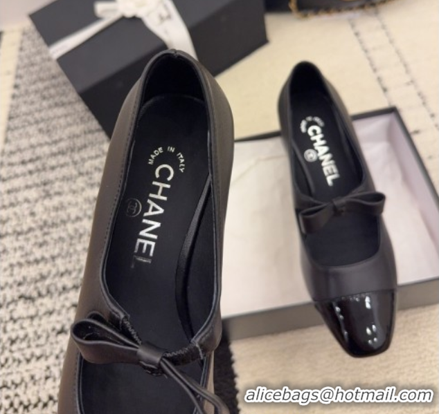 Buy Discount Chanel Lambskin and Patent Leather Mary Janes Pumps 5cm with Bow Black 2025 CH110302 1103101
