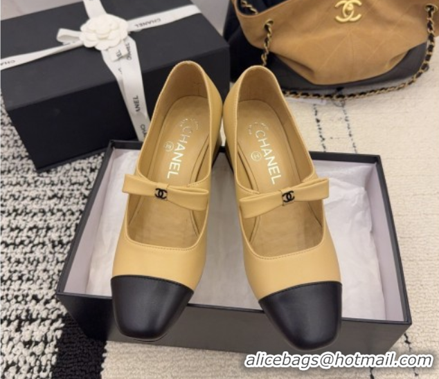 Sophisticated Chanel Lambskin Leather Mary Janes Pumps 5cm with Bow Beige 2025 CH110302 1103102