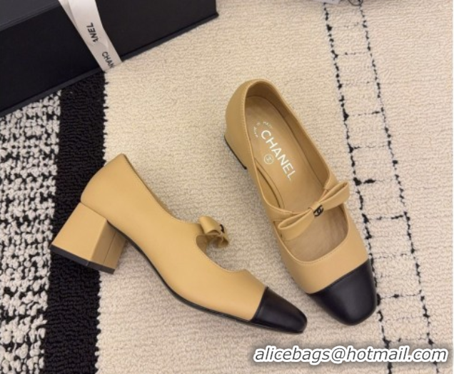 Sophisticated Chanel Lambskin Leather Mary Janes Pumps 5cm with Bow Beige 2025 CH110302 1103102
