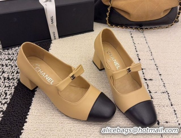 Sophisticated Chanel Lambskin Leather Mary Janes Pumps 5cm with Bow Beige 2025 CH110302 1103102