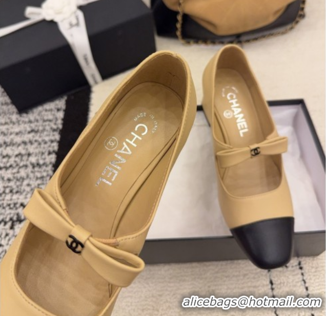 Sophisticated Chanel Lambskin Leather Mary Janes Pumps 5cm with Bow Beige 2025 CH110302 1103102