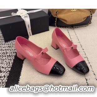 Top Grade Chanel Lambskin and Patent Leather Mary Janes Pumps 5cm with Bow Pink 2025 CH110302 1103103
