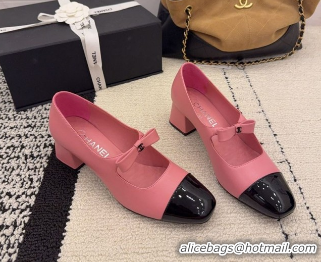 Top Grade Chanel Lambskin and Patent Leather Mary Janes Pumps 5cm with Bow Pink 2025 CH110302 1103103