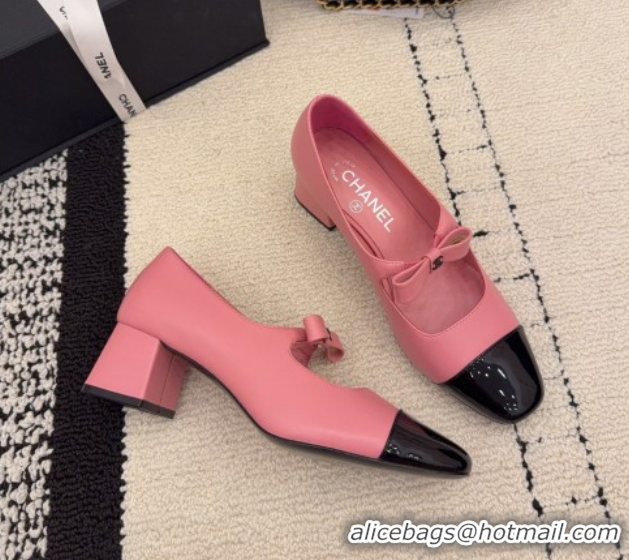 Top Grade Chanel Lambskin and Patent Leather Mary Janes Pumps 5cm with Bow Pink 2025 CH110302 1103103