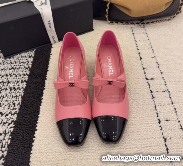 Top Grade Chanel Lambskin and Patent Leather Mary Janes Pumps 5cm with Bow Pink 2025 CH110302 1103103