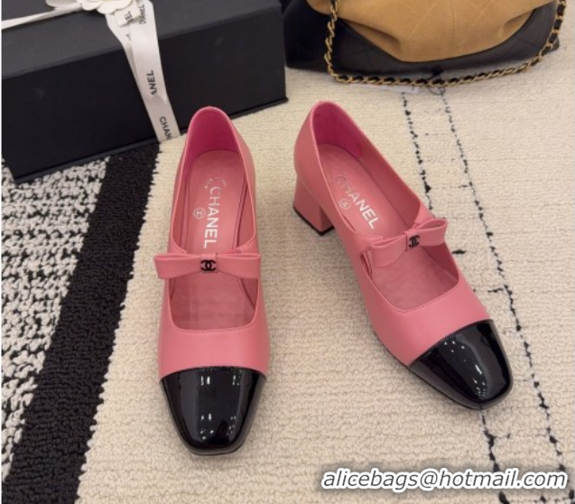 Top Grade Chanel Lambskin and Patent Leather Mary Janes Pumps 5cm with Bow Pink 2025 CH110302 1103103