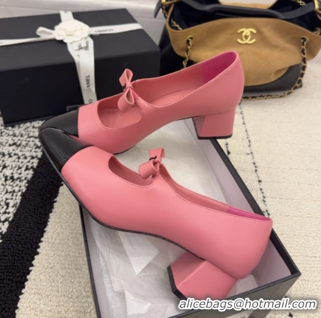 Top Grade Chanel Lambskin and Patent Leather Mary Janes Pumps 5cm with Bow Pink 2025 CH110302 1103103