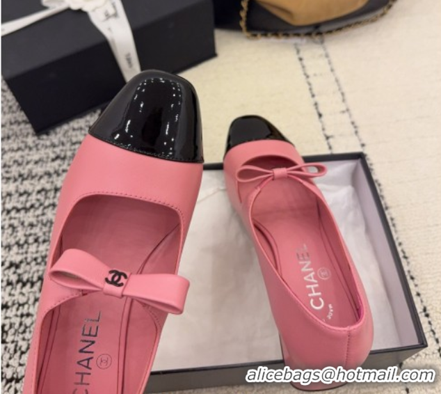 Top Grade Chanel Lambskin and Patent Leather Mary Janes Pumps 5cm with Bow Pink 2025 CH110302 1103103