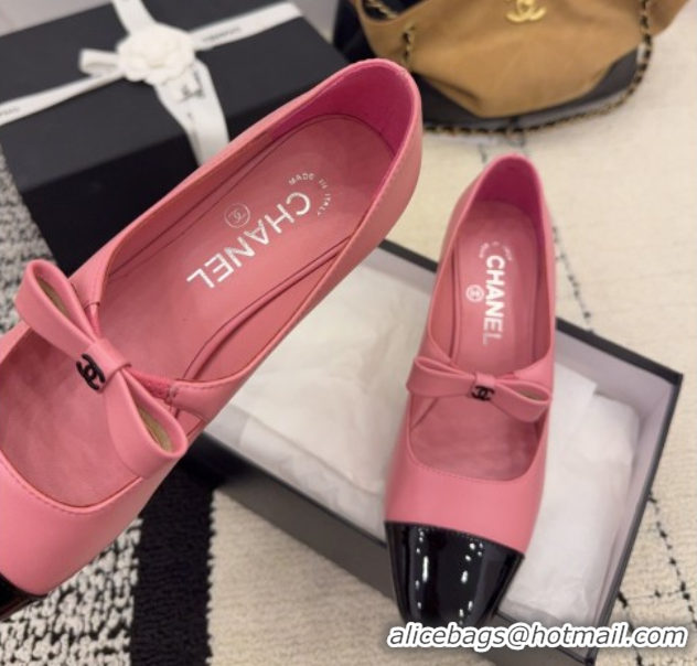 Top Grade Chanel Lambskin and Patent Leather Mary Janes Pumps 5cm with Bow Pink 2025 CH110302 1103103