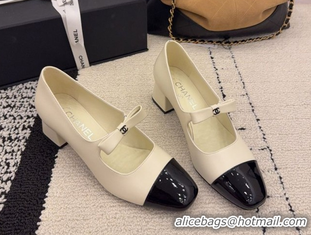 Purchase Chanel Lambskin and Patent Leather Mary Janes Pumps 5cm with Bow White 2025 CH110302 1103104