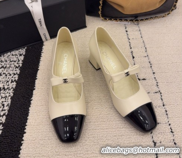 Purchase Chanel Lambskin and Patent Leather Mary Janes Pumps 5cm with Bow White 2025 CH110302 1103104