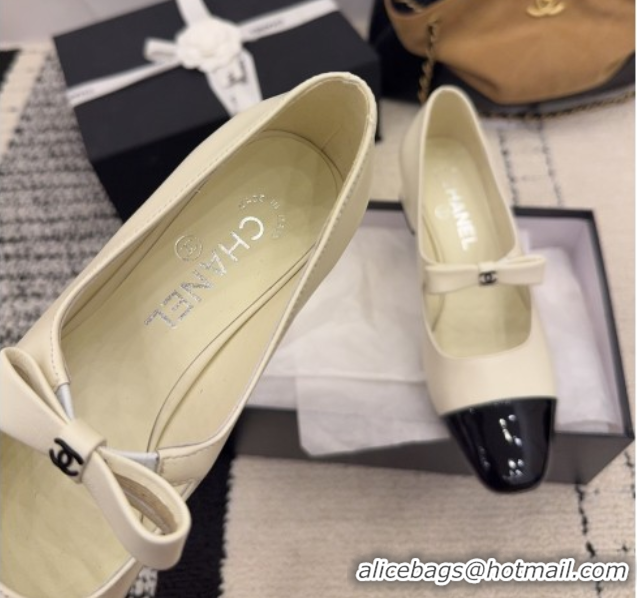 Purchase Chanel Lambskin and Patent Leather Mary Janes Pumps 5cm with Bow White 2025 CH110302 1103104