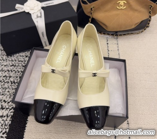 Purchase Chanel Lambskin and Patent Leather Mary Janes Pumps 5cm with Bow White 2025 CH110302 1103104