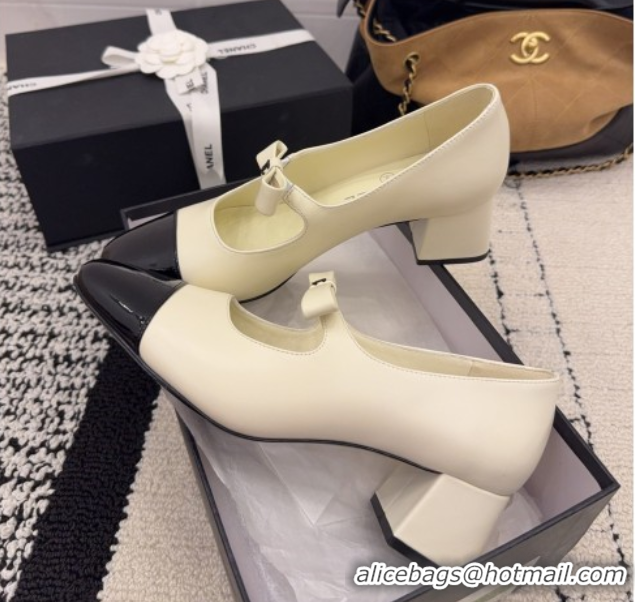 Purchase Chanel Lambskin and Patent Leather Mary Janes Pumps 5cm with Bow White 2025 CH110302 1103104