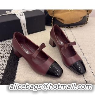 Good Quality Chanel Lambskin and Patent Leather Mary Janes Pumps 5cm with Bow Burgundy 2025 CH110302 1103105