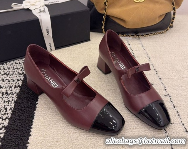 Good Quality Chanel Lambskin and Patent Leather Mary Janes Pumps 5cm with Bow Burgundy 2025 CH110302 1103105