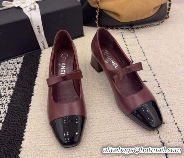 Good Quality Chanel Lambskin and Patent Leather Mary Janes Pumps 5cm with Bow Burgundy 2025 CH110302 1103105