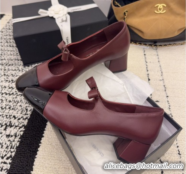 Good Quality Chanel Lambskin and Patent Leather Mary Janes Pumps 5cm with Bow Burgundy 2025 CH110302 1103105