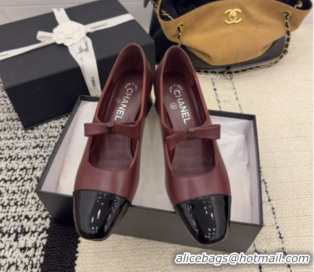 Good Quality Chanel Lambskin and Patent Leather Mary Janes Pumps 5cm with Bow Burgundy 2025 CH110302 1103105