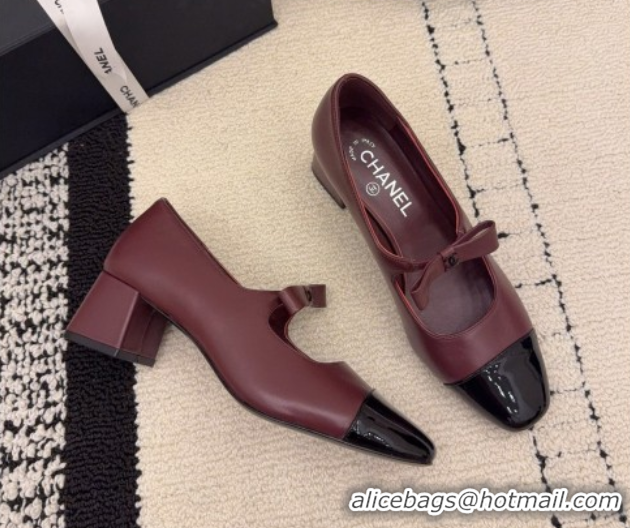 Good Quality Chanel Lambskin and Patent Leather Mary Janes Pumps 5cm with Bow Burgundy 2025 CH110302 1103105