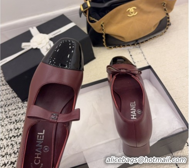 Good Quality Chanel Lambskin and Patent Leather Mary Janes Pumps 5cm with Bow Burgundy 2025 CH110302 1103105