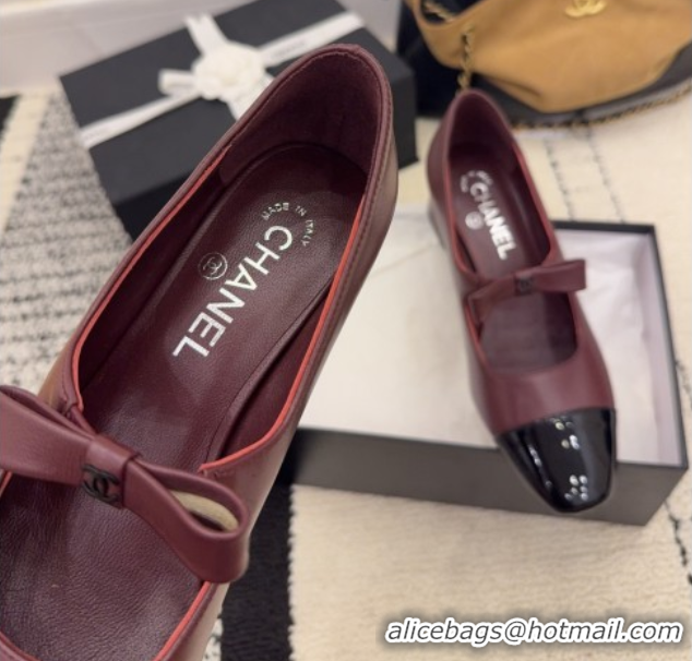 Good Quality Chanel Lambskin and Patent Leather Mary Janes Pumps 5cm with Bow Burgundy 2025 CH110302 1103105