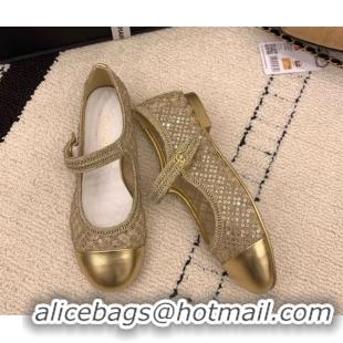 Duplicate Chanel Leather, Mesh and Sequins Mary Janes Ballets Flat Gold 2025 CH110311 1103106
