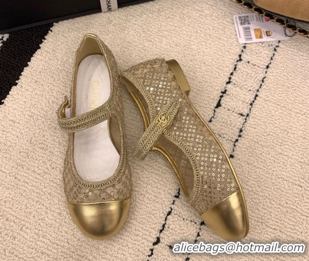 Duplicate Chanel Leather, Mesh and Sequins Mary Janes Ballets Flat Gold 2025 CH110311 1103106