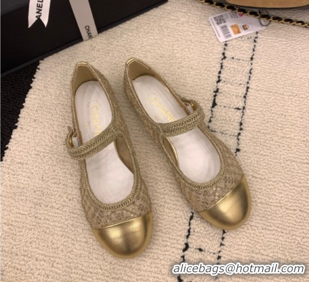 Duplicate Chanel Leather, Mesh and Sequins Mary Janes Ballets Flat Gold 2025 CH110311 1103106