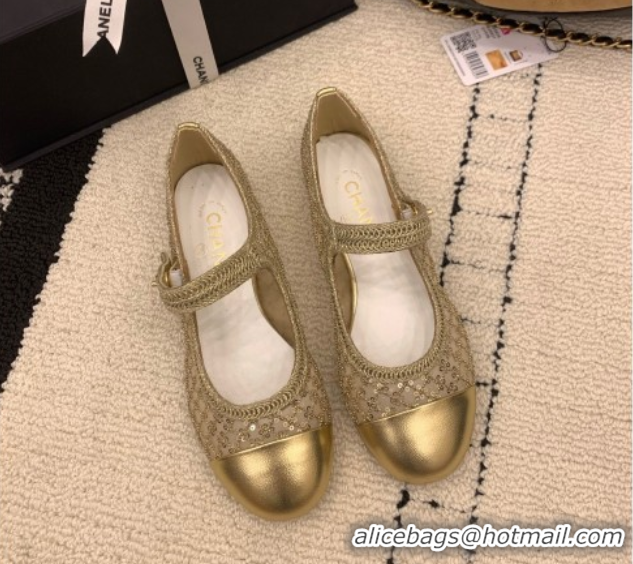 Duplicate Chanel Leather, Mesh and Sequins Mary Janes Ballets Flat Gold 2025 CH110311 1103106