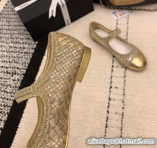 Duplicate Chanel Leather, Mesh and Sequins Mary Janes Ballets Flat Gold 2025 CH110311 1103106