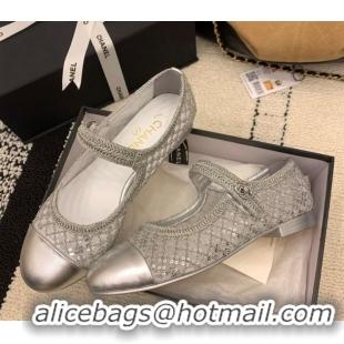 Grade Quality Chanel Leather, Mesh and Sequins Mary Janes Ballets Flat Silver 2025 CH110311 1103108