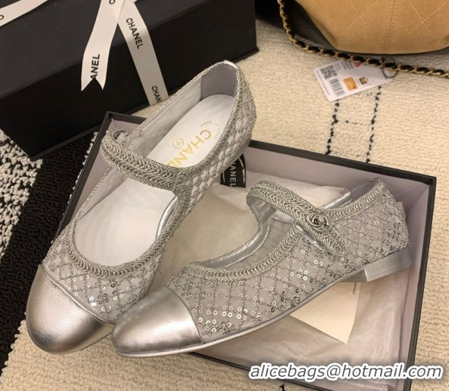 Grade Quality Chanel Leather, Mesh and Sequins Mary Janes Ballets Flat Silver 2025 CH110311 1103108
