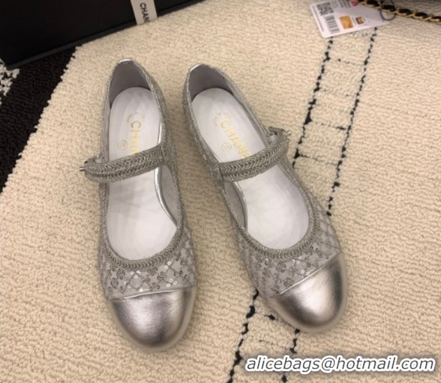 Grade Quality Chanel Leather, Mesh and Sequins Mary Janes Ballets Flat Silver 2025 CH110311 1103108