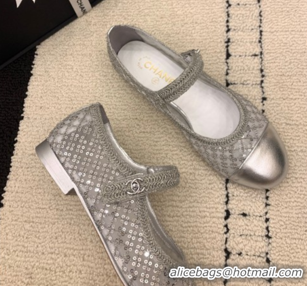 Grade Quality Chanel Leather, Mesh and Sequins Mary Janes Ballets Flat Silver 2025 CH110311 1103108