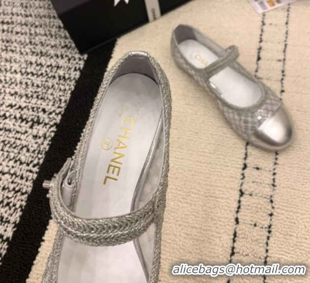 Grade Quality Chanel Leather, Mesh and Sequins Mary Janes Ballets Flat Silver 2025 CH110311 1103108