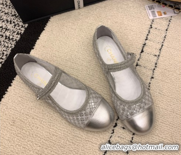 Grade Quality Chanel Leather, Mesh and Sequins Mary Janes Ballets Flat Silver 2025 CH110311 1103108