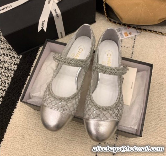 Grade Quality Chanel Leather, Mesh and Sequins Mary Janes Ballets Flat Silver 2025 CH110311 1103108