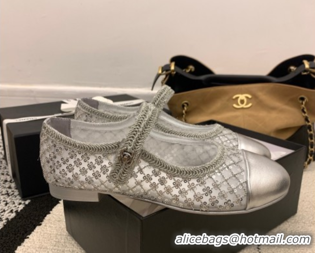 Grade Quality Chanel Leather, Mesh and Sequins Mary Janes Ballets Flat Silver 2025 CH110311 1103108