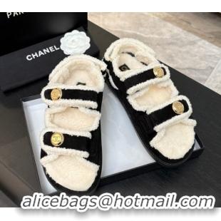 Perfect Chanel Coco Neige Suede and Wool Flat Strap Sandals Black CH110312 1103109