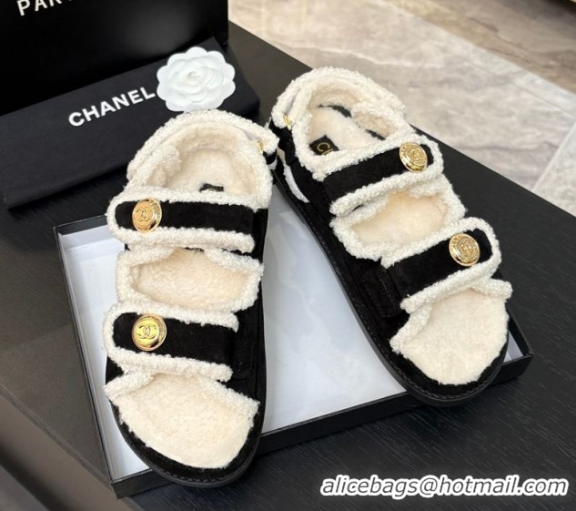 Perfect Chanel Coco Neige Suede and Wool Flat Strap Sandals Black CH110312 1103109