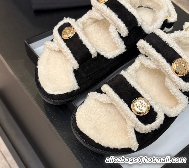 Perfect Chanel Coco Neige Suede and Wool Flat Strap Sandals Black CH110312 1103109