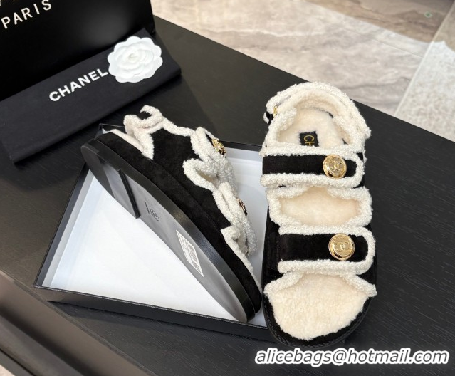 Perfect Chanel Coco Neige Suede and Wool Flat Strap Sandals Black CH110312 1103109