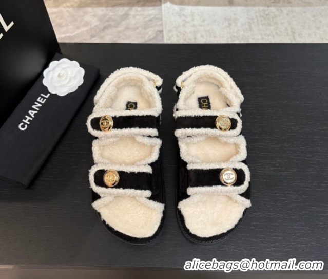 Perfect Chanel Coco Neige Suede and Wool Flat Strap Sandals Black CH110312 1103109